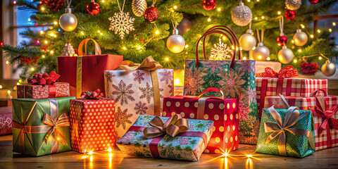 Fototapeta premium Various wrapped presents in vibrant colors and patterns are arranged under a Christmas tree adorned with ornaments and twinkling lights. The warm atmosphere evokes holiday cheer