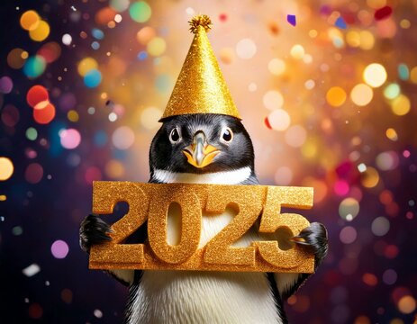 Fr&ouml;hlicher Party-Pinguin mit 2025-Tafel &ndash; Neujahrsmotiv voller Spa&szlig;