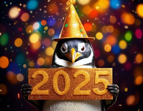 Fr&ouml;hlicher Party-Pinguin mit 2025-Tafel &ndash; Neujahrsmotiv voller Spa&szlig;