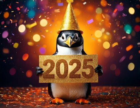 Fr&ouml;hlicher Party-Pinguin mit 2025-Tafel &ndash; Neujahrsmotiv voller Spa&szlig;