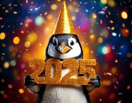 Fr&ouml;hlicher Party-Pinguin mit 2025-Tafel &ndash; Neujahrsmotiv voller Spa&szlig;
