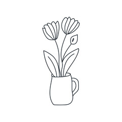 Black Line Art of Flowers in a Pot on White Background