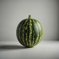 A single small, whole watermelon with a smooth green rind, placed upright on a white surface.