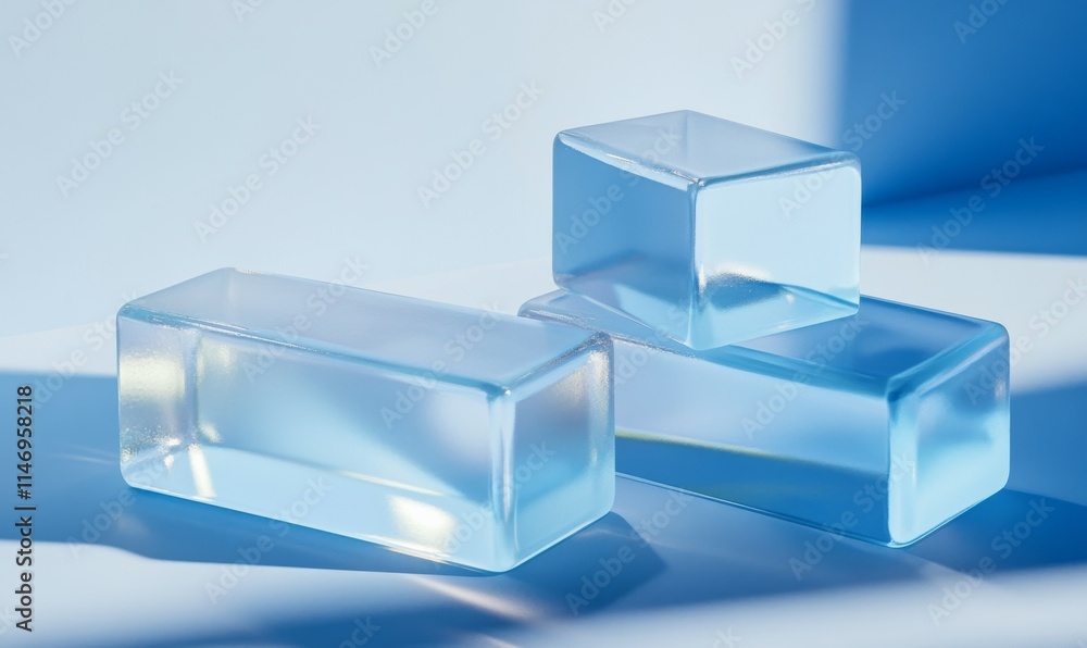 Poster translucent blocks on a blue surface. futuristic tech concept with copy space.