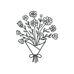 Black Line Art of Flowers in a Pot on White Background