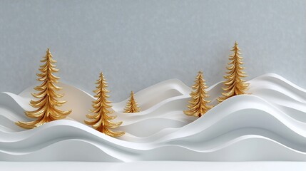 Gold Christmas trees on white snowy hills.