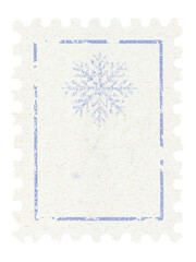 Postage stamp vertical vintage ivory textured paper distressed blue border distressed snowflake