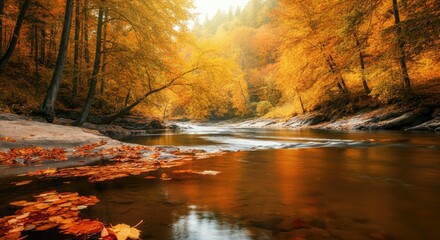 Tranquil autumn river scene with vibrant orange and yellow foliage