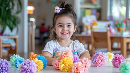 Fototapeta premium Happy toddler girl playing with colorful paper flowers at preschool.