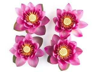 Top view of pink lotus flowers on white background, isolated, realistic and vivid.