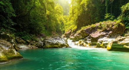 Lush green forest surrounds turquoise river flowing through rocks under sunlight