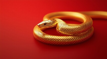 Fototapeta premium Captivating Golden Snake with Shiny Scale Texture on Red Background