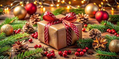 A beautifully wrapped gift with a red polka dot ribbon sits on a wooden table, complemented by pine cones, red berries, and golden ornaments, creating a festive holiday atmosphere