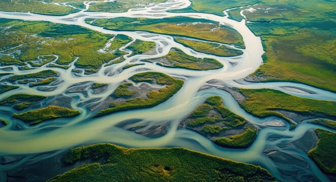 Aerial view of intricate river network blending with lush green wetlands