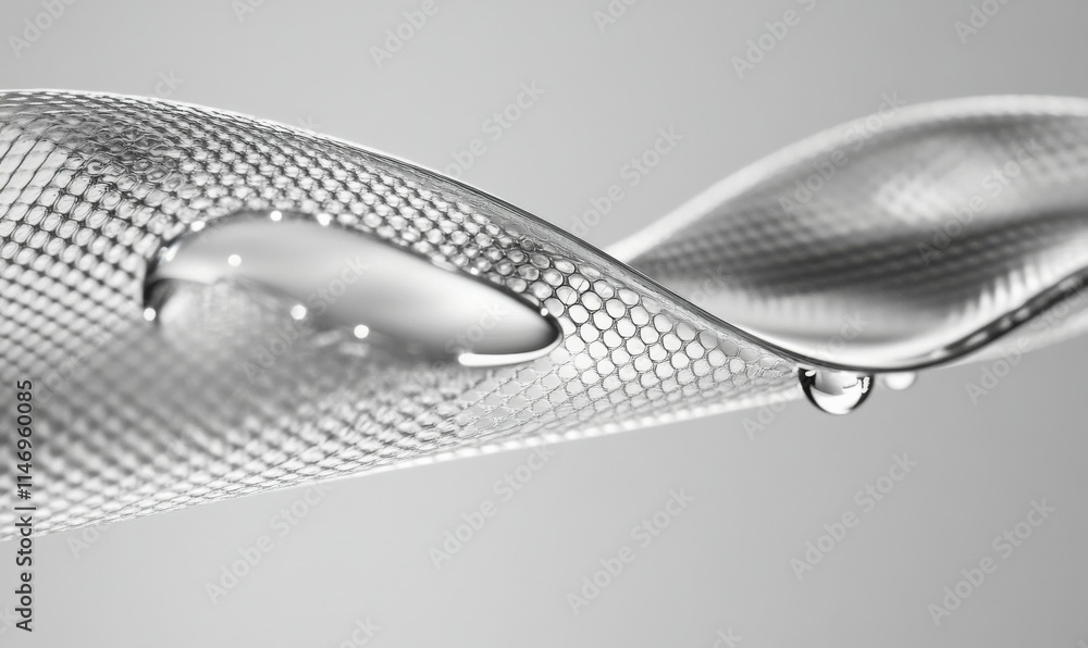 Poster single dewdrop on a smooth leaf, reflecting a delicate web of light and shadow in monochrome eleganc