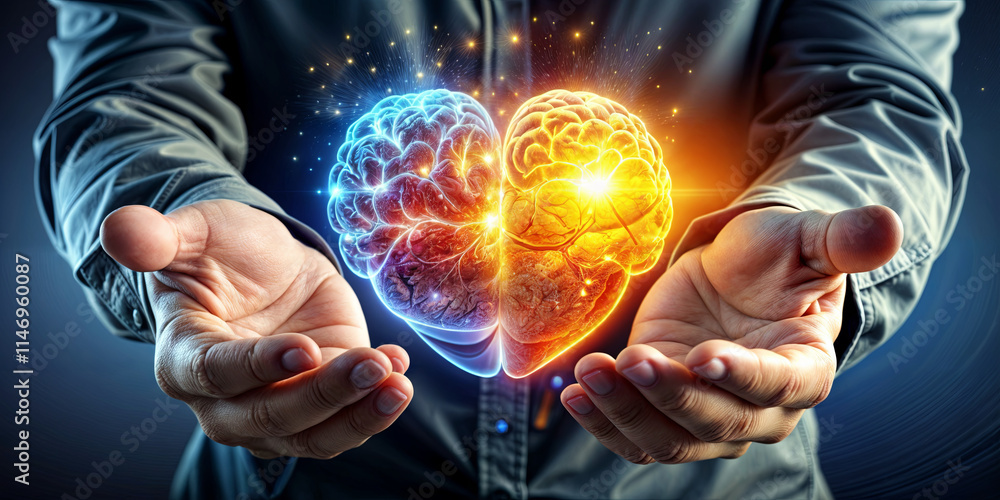Poster two hands hold a glowing heart composed of brain imagery, symbolizing the connection between emotion