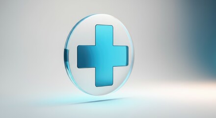 Fototapeta premium Blue medical cross symbol with reflective shiny surface