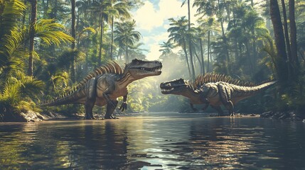 Two spinosaurids by a jungle river.