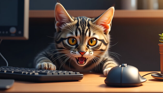 Playful striped kitten with excited expression at a computer desk