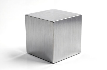 A shiny metallic cube is positioned on a reflective surface, showcasing its smooth and brushed finish. Soft lighting enhances the sleek design and highlights its edges.