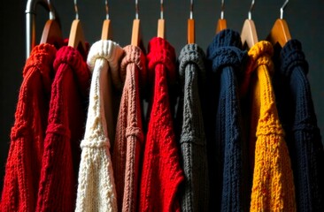 Assortment of colorful knitted Sweaters hanging on a rack. Close-up of hangers with Woollen jumpers and sweaters in a row. Winter clothes and fashion