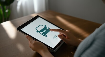 Person using tablet with car service app interface