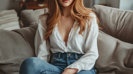 Woman in white shirt and jeans sits on a couch.