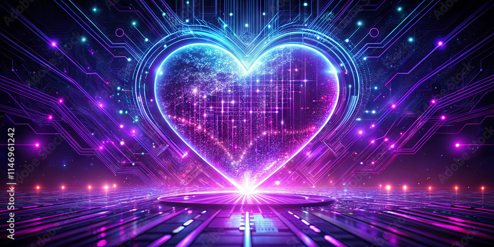 Poster a glowing heart shape radiates light in a dark, futuristic environment. the background features colo