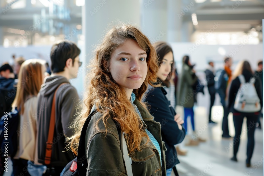Aufkleber young woman with curly hair looks confidently at the camera while attending a networking event
