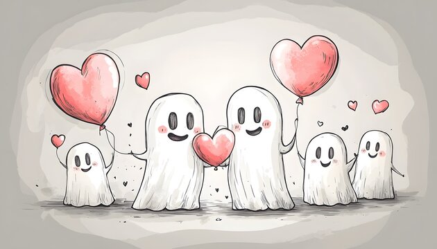 Cute ghosts holding heart balloons and sharing a joyful moment, illustrated in a whimsical and romantic style