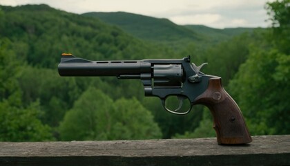 Dramatic portrayal of a gun against a backdrop of nature