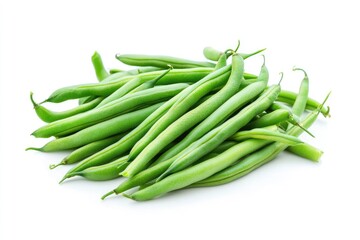 Obraz premium A pile of freshly picked green beans neatly arranged on a white background