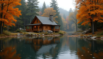 Fototapeta premium Cozy wooden cabin by tranquil lake surrounded by autumn foliage