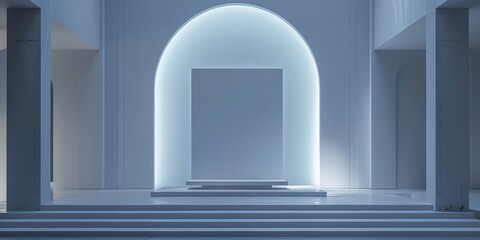 Fototapeta premium A serene minimalist interior featuring soft blue lighting, geometric shapes, and clean lines, creating a modern and tranquil atmosphere.