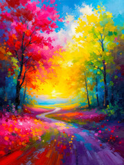 A Path Through the Vivid Woods: A Colorful Landscape Painting Celebrating the Beauty of Nature
