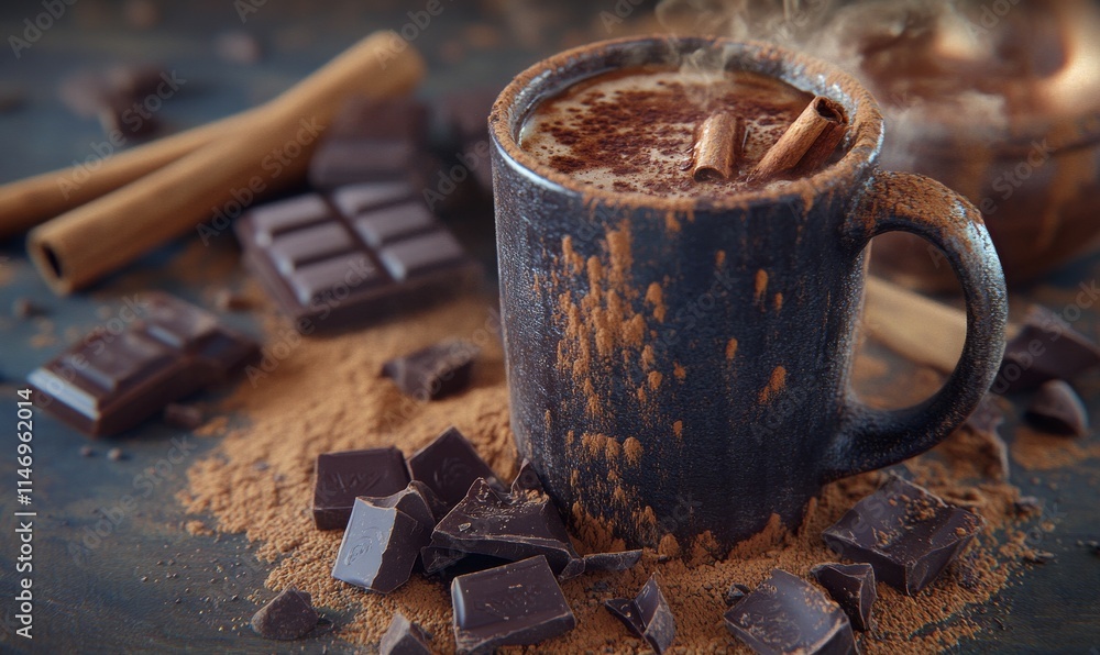 Poster rich hot chocolate with a hint of cinnamon in a rustic mug, surrounded by chocolate chunks and cocoa