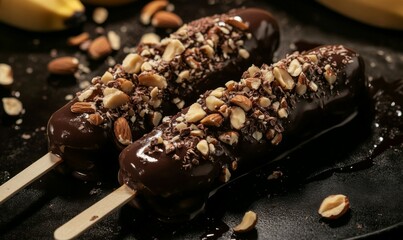 Ripe bananas covered in dark chocolate and nuts, frozen for a refreshing dessert on a stick. .