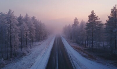 Obraz premium Road with frost-covered trees in winter forest at foggy sunrise.
