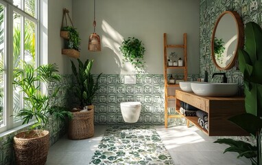 A bohemian bathroom with patterned tiles, wooden accents, and plants adding greenery