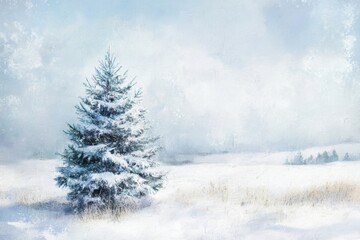 Fototapeta premium A peaceful winter scene featuring a lone pine tree covered in snow, set against a soft, snowy landscape.