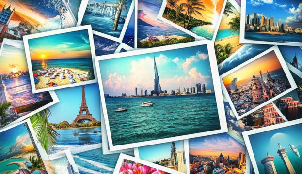 Collection of travel photographs featuring various scenic destinations including beaches, cities, and landscapes.  