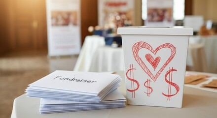 Fundraiser event with donation box and informational brochures on table
