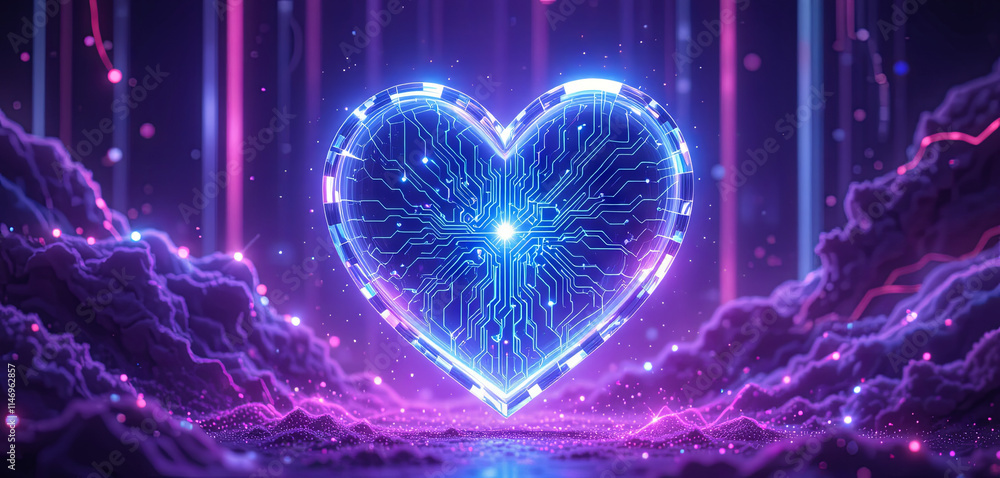 Poster a heart shaped circuit design glows with neon lights, surrounded by a mystical digital terrain fille