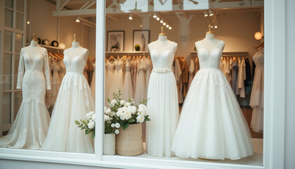 Beautiful bridal gowns displayed in an elegant boutique showcasing timeless styles in a charming setting