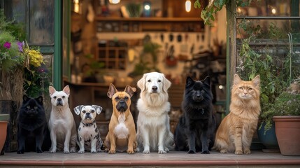 A lineup of seven dogs and a cat sitting on steps outside a cozy shop.
