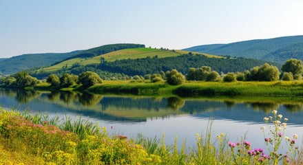 Fototapeta premium Serene riverside landscape with green hills and flowers