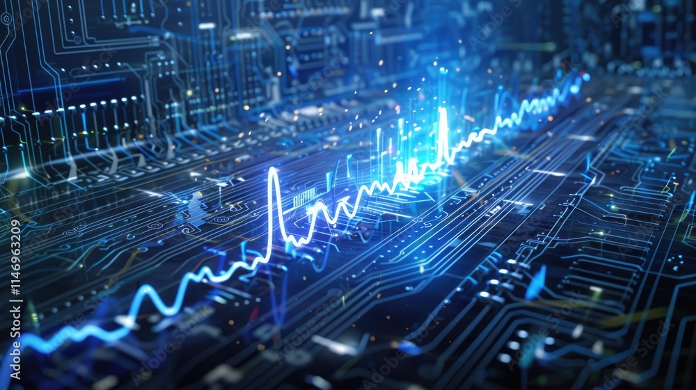 Poster this abstract image features a vibrant computer circuit background with glowing lines representing d