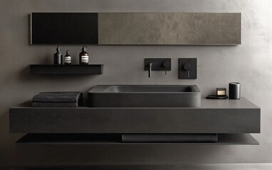 A minimalist bathroom with a floating vanity, clean lines, and matte black fixtures