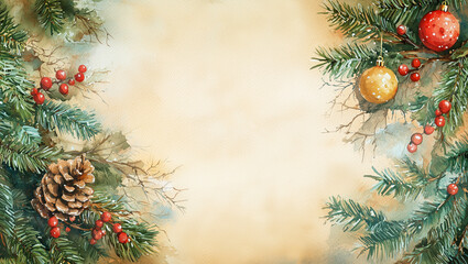 Christmas retro card with a frame of spruce branches, cones, Christmas balls and berries on yellowed paper, watercolor illustration with copy space