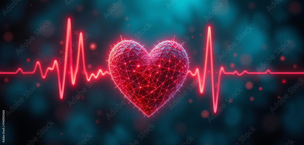 Aufkleber a glowing heart design is connected to a heartbeat line, set against a vibrant blue background fille